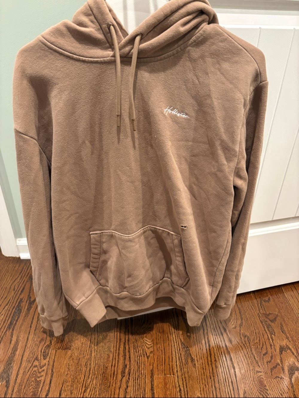Hollister Men's Taupe Brown Hoodie with Script Logo